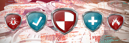 A red bug badge against bitcoins