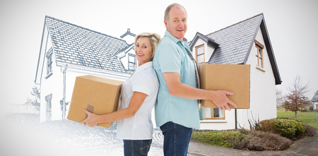 Happy older couple holding moving boxes against home sketchの写真素材