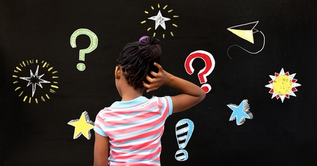 Digital composite of School girl and Question marks and stars drawing on blackboard