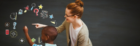 Digital composite of School teacher with boy and Education drawing on blackboard for schoolの写真素材