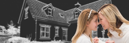 Digital composite of Mother and daughter family in front of house drawing sketchの写真素材