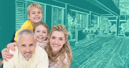 Digital composite of Family in front of house drawing sketchの写真素材