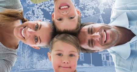 Digital composite of Family in front of house drawing sketchの写真素材
