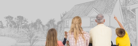 Digital composite of Family in front of house drawing sketchの写真素材