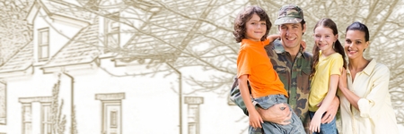 Digital composite of Military soldier family in front of house drawing sketchの写真素材