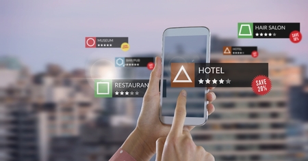 Digital composite of App review locations in augmented reality with cityの写真素材