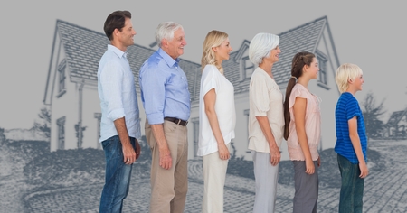 Digital composite of Family generations descending in height in front of house drawing sketchの写真素材