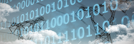 Clouds around binary codes against the evening electricity pylon silhouetteの写真素材