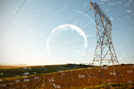 Image of earth with different times against the evening electricity pylon silhouetteの写真素材