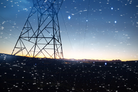 Full frame shot of connection dots on blue background against the evening electricity pylon...