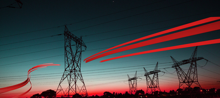 Grey line design against the evening electricity pylon silhouetteの写真素材