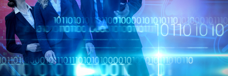 Businessman talking to female colleagues against white background against cloud communication icons