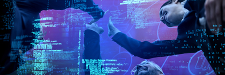 Low angle view of business people giving high five against network of cloud computing icons