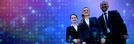 Happy colleagues standing against white background against cloud computing