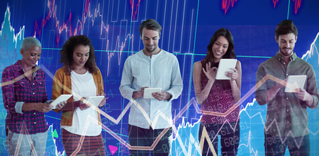 Business people using tablet against white background against stocks and shares