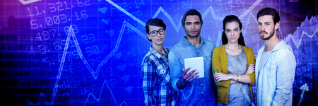 Portrait of business people standing against white background against high angle view of crowded...