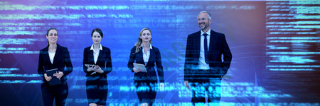 Businessman walking with colleagues against white background against compass with growth text