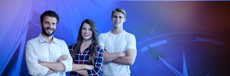 Happy business people with arms crossed standing against white background against compass with...