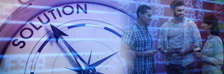 Smiling business people discussing against white background against compass pointing to solution