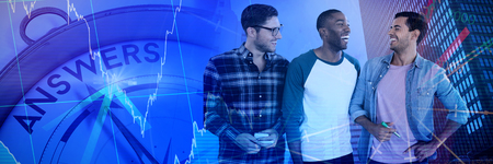 Happy businessmen against white bakcgoround against stocks and sharesの写真素材