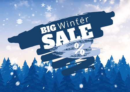 Digital composite of Winter Sale illustrated with firs and snowflakes in blue and whiteの写真素材