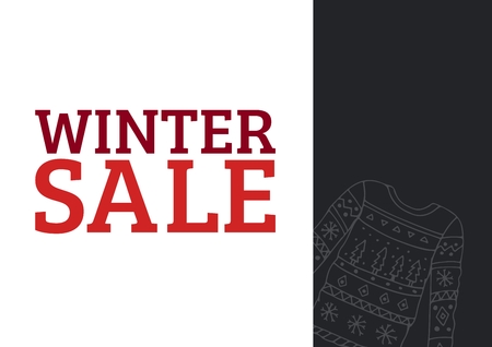Digital composite of Winter Sale Text in red and illustrated pullover on dark grey rectangleの写真素材