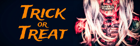 Graphic image of trick or treat text against attractive young woman with halloween makeup
