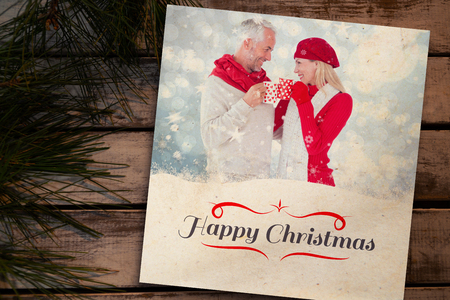 Copy space with pine branches  against composite image of happy winter couple with mugsの写真素材