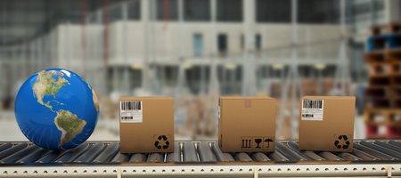 Boxes and globe on conveyor belt against image of a warehouse