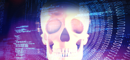 Blue codes against orange human skullの写真素材