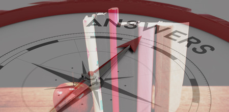 Compass pointing to answers against apple and books on wooden table