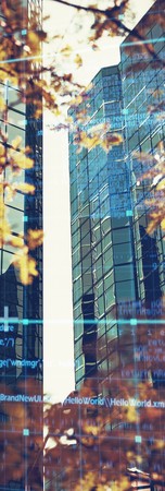 Blue matrix and codes against view of office buildings through trees