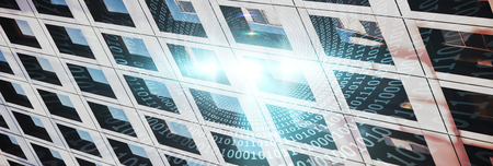 Spiral of shiny binary code against low angle close-up view of office building