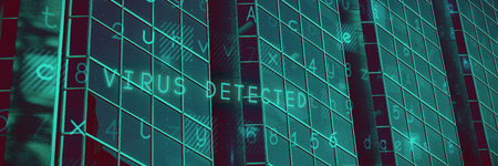Virus background against close-up of glass office building