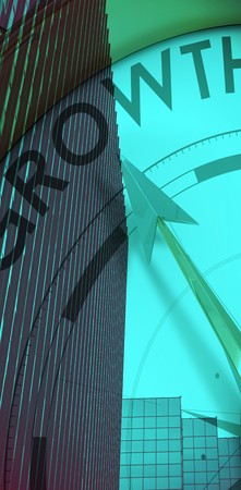 Compass pointing to growth against view of modern office buildingsの写真素材