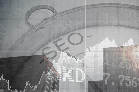 Text with graphs and navigational compass against office buildings against blue sky