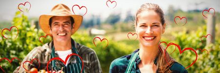 Red Hearts against portrait of happy farmer couple holding baskets of vegetables and fruitsの写真素材