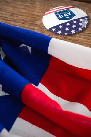 presidents day icon against american flag on a wooden tableの写真素材