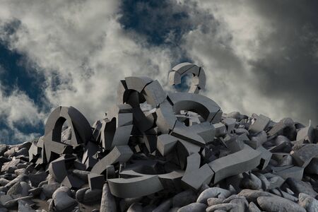 3d image of several damaged symbols with stones  against full frame shot of skyの写真素材