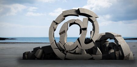 3d image of broken At sign with various symbols  against beachの写真素材