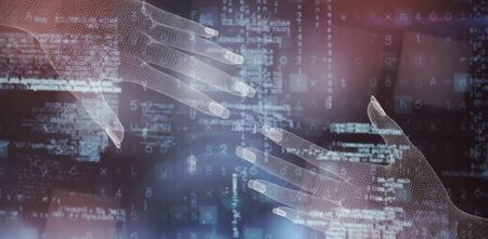 3d image of hand  against image of data