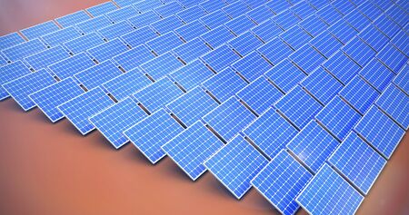 Blue solar panels against orange backgroundの写真素材