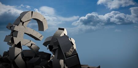 3d illustration of damaged currency signs with stones against blue skyの写真素材