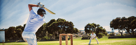 Rear view of player batting while playing cricket on field against clear skyの写真素材
