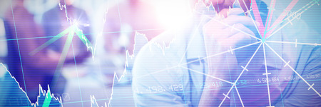 Stocks and shares against thoughtful man with hand on chin