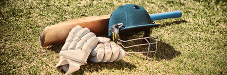 High angle view of cricket equipment on field during sunny dayの写真素材