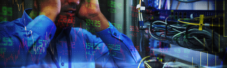 Stocks and shares against technician getting stressed over server maintenance