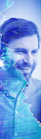Stocks and shares against customer service executive working in call center