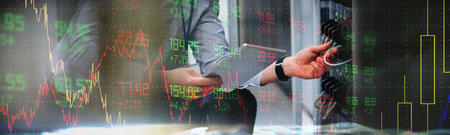 Stocks and shares against technician using digital tablet while analyzing server