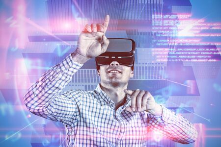 Male use virtual reality headset against blue and red technology interface